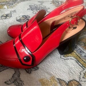 Red Patent Slingback Block Heels with Black Trim by Banned Retro